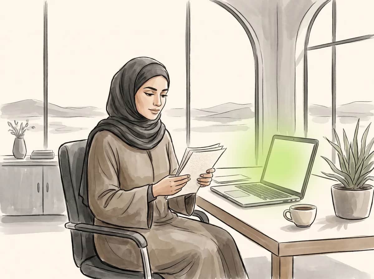 رسم توضيحي: موظفة تراجع مستندات بينما يلخّصها مساعد على الحاسوب