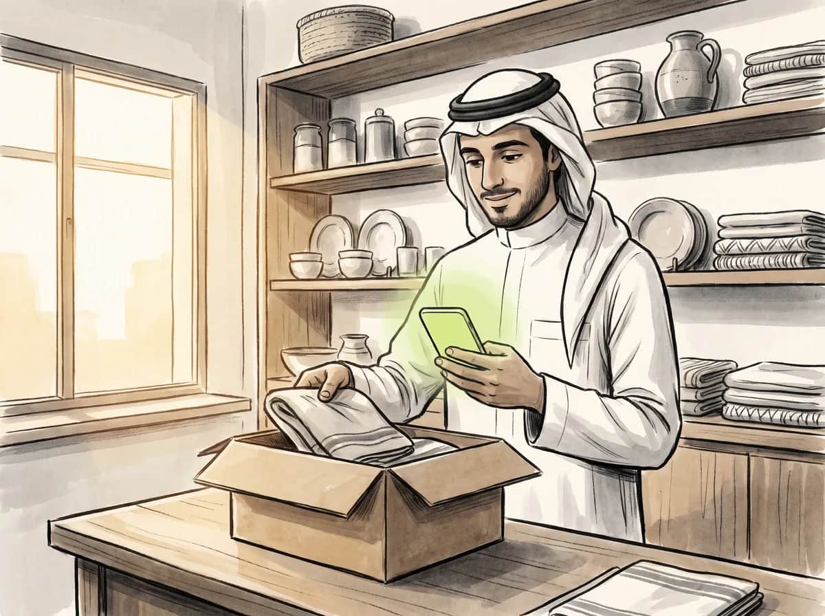 رسم توضيحي: صاحب متجر يجهّز طلباً إلكترونياً ويتابع هاتفه