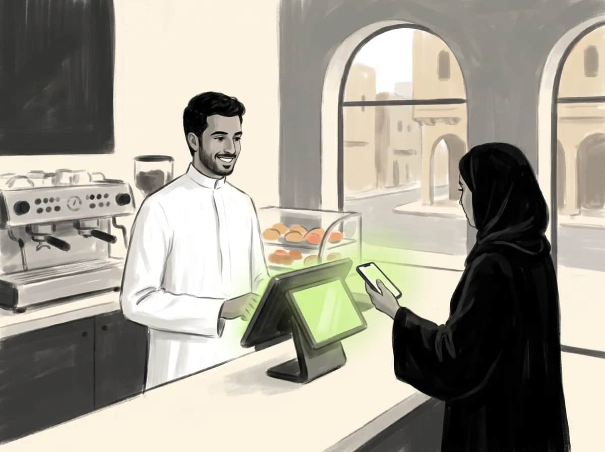 رسم توضيحي: عميلة تستخدم هاتفها للدفع عند جهاز نقاط بيع في مقهى