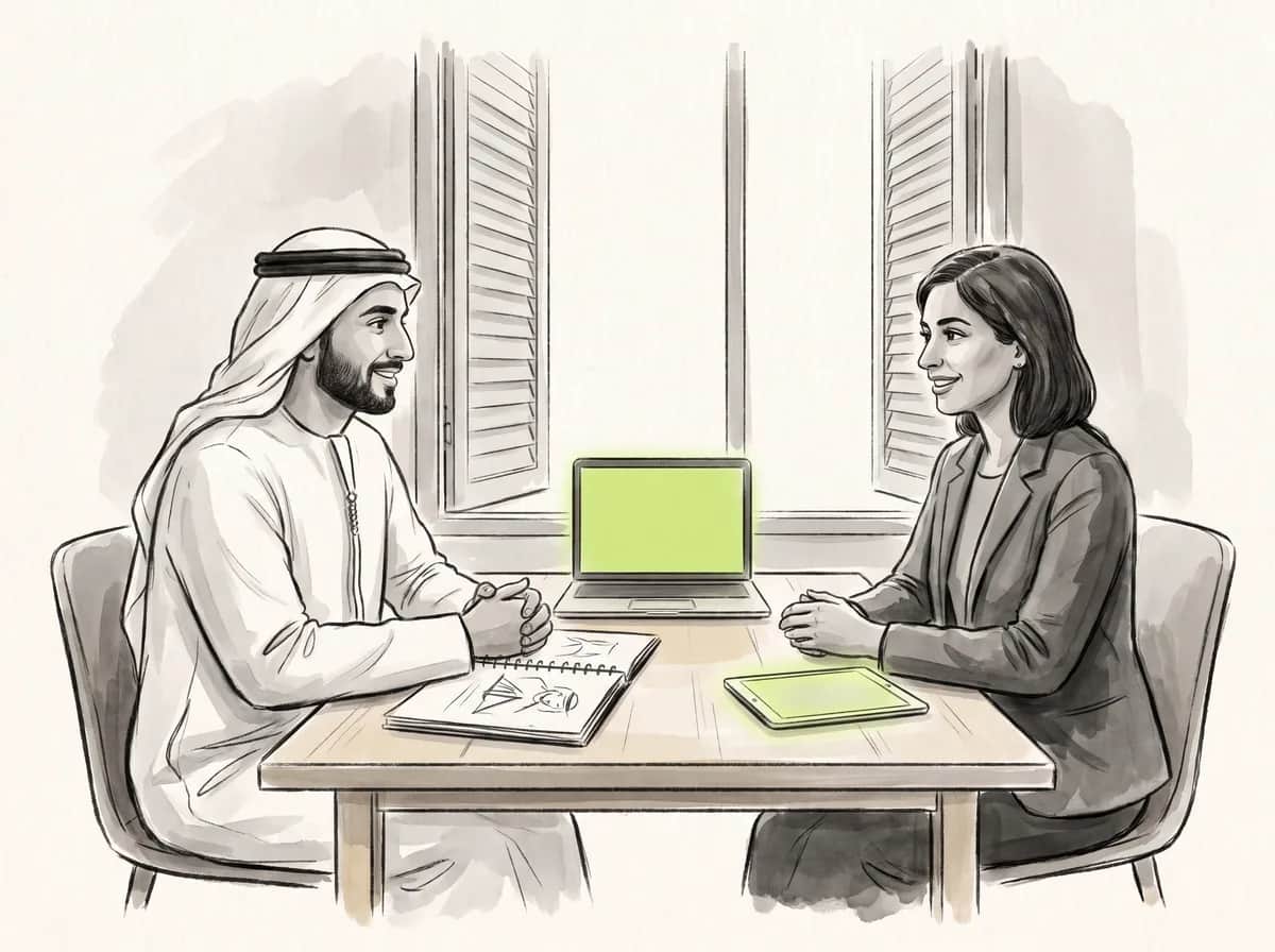 رسم توضيحي: زميلان يراجعان نموذجاً أولياً معاً على هاتف وجهاز لوحي