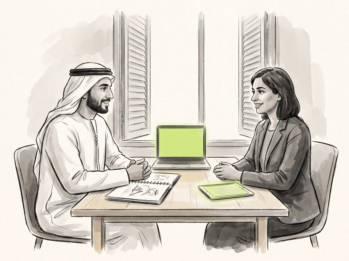 رسم توضيحي: زميلان يراجعان خطة عمل معاً على مكتب مشترك.