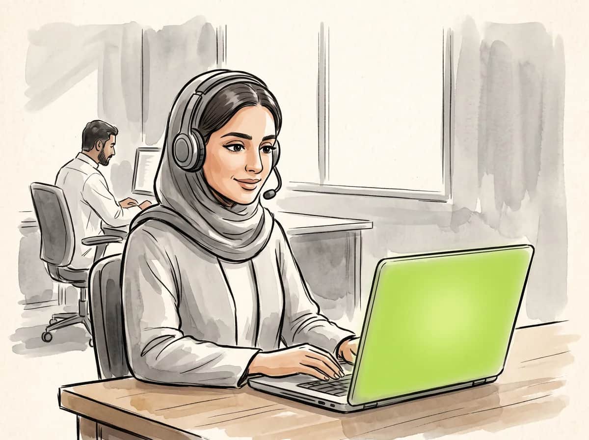 رسم توضيحي لفريق دعم يراجع أنظمة أعمال مترابطة مع مساعد ذكاء اصطناعي حول حاسوب محمول